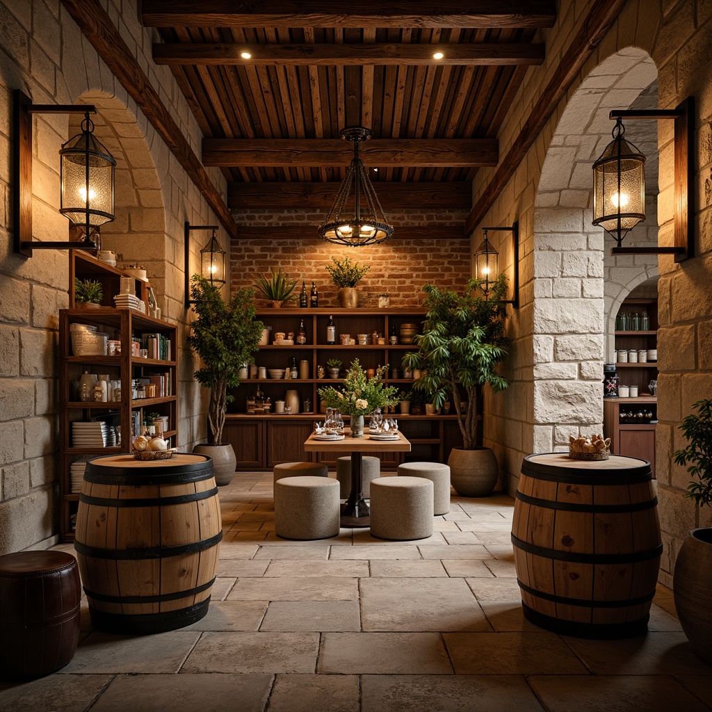 Prompt: Rustic winery, stone walls, wooden barrels, vintage metal accents, earthy tones, natural stone floors, reclaimed wood beams, distressed brick arches, ornate metalwork, rich leathers, warm candlelight, soft shadows, shallow depth of field, 1/2 composition, realistic textures, ambient occlusion, warm color palette, cozy atmosphere, intimate spaces.