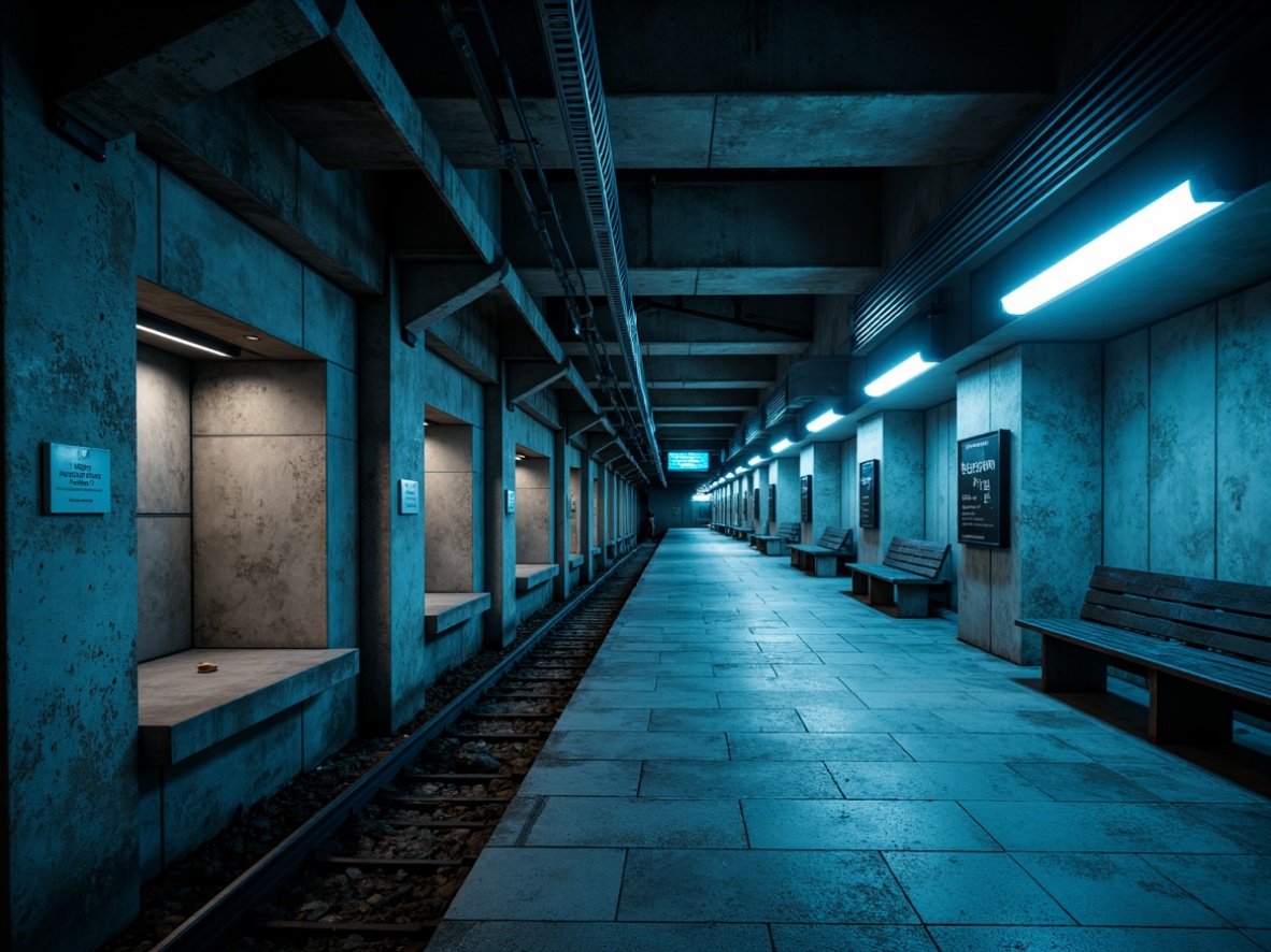 Prompt: Exposed concrete walls, rugged stone floors, industrial metal beams, functional fluorescent lights, brutalist architectural style, urban metro station atmosphere, dimly lit platforms, harsh shadows, cold blue tones, futuristic signage systems, minimalist benches, raw concrete columns, industrial-style lighting fixtures, dramatic spotlights, high-contrast ambiance, cinematic mood, 1-point perspective composition, low-key lighting, realistic textures, ambient occlusion.