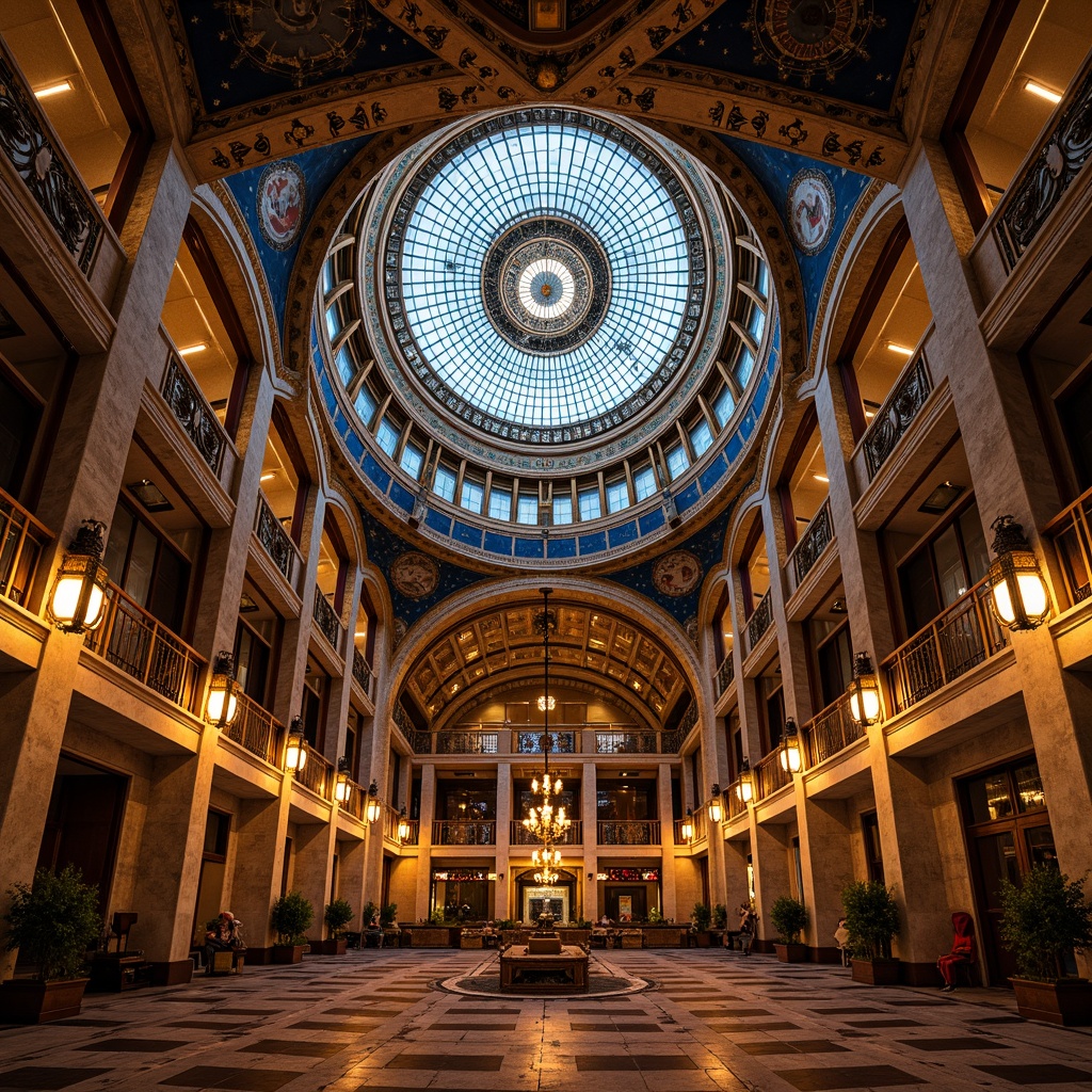 Prompt: Intricate planetarium dome, ornate Victorian-style architecture, richly patterned tiles, gilded frescoes, celestial-inspired murals, lavish chandeliers, intricate wooden carvings, polished brass fixtures, opulent velvet drapes, majestic stone columns, star-studded ceiling, warm golden lighting, dramatic shadows, high-contrast composition, 1/2 camera angle, realistic textures, ambient occlusion.