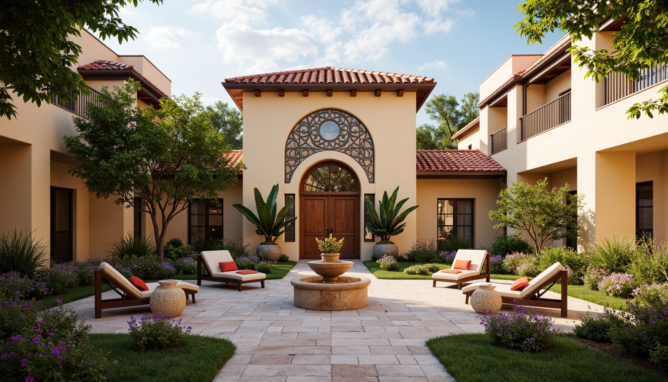 Prompt: Warm community center, Mediterranean style architecture, stucco exterior, red terra cotta roof tiles, ornate wrought iron details, lush greenery, blooming flowers, tranquil courtyard, sparkling fountain, natural stone pavers, soft warm lighting, shallow depth of field, 3/4 composition, vibrant color palette, earthy tones, sunny yellow, terracotta orange, sky blue, creamy whites, rich wood accents, textured ceramics, Moroccan-inspired patterns.