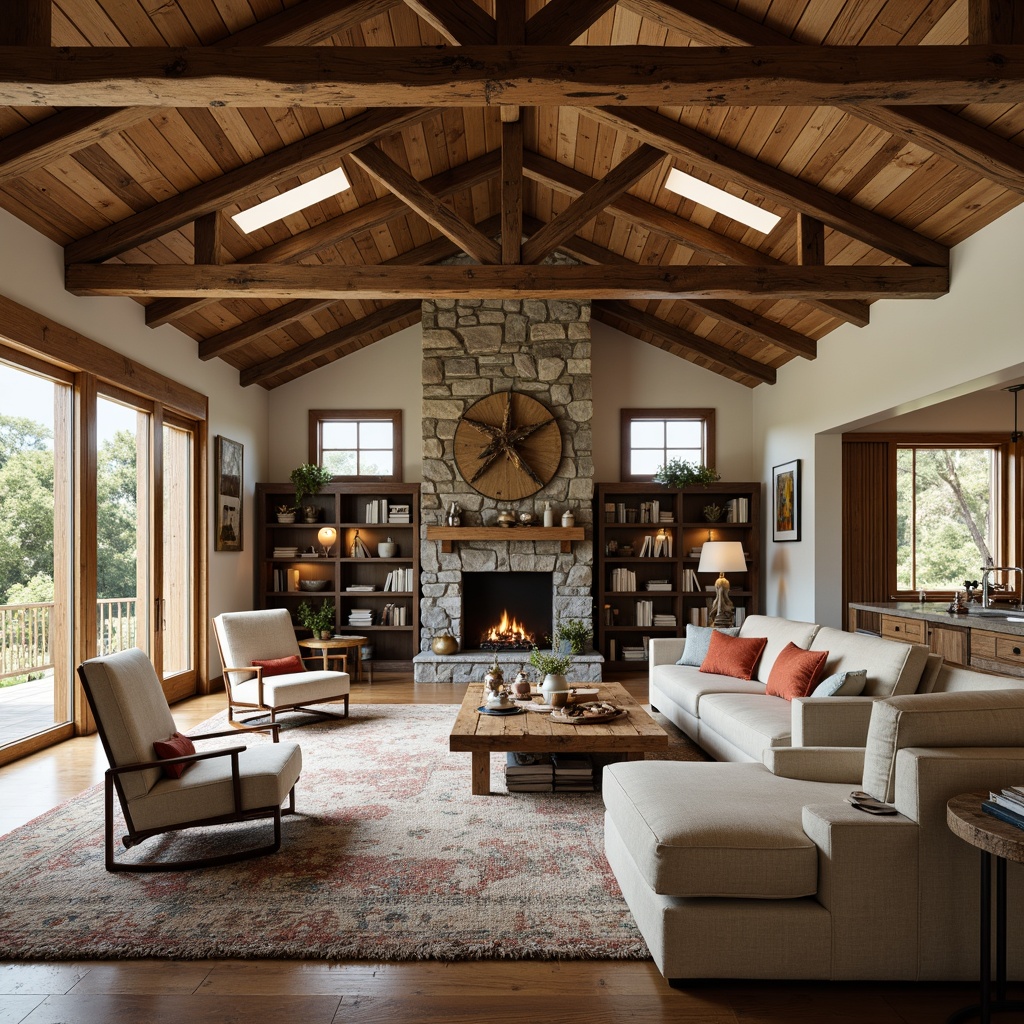 Prompt: Rustic farmhouse, open floor plan, exposed wooden beams, vintage decorations, natural stone fireplace, plush furniture, earthy color palette, abundant natural light, large windows, sliding glass doors, cozy reading nooks, built-in shelving units, distressed wood accents, country-style kitchen, farmhouse sink, pendant lighting, soft warm ambiance, 1/1 composition, shallow depth of field, realistic textures, ambient occlusion.