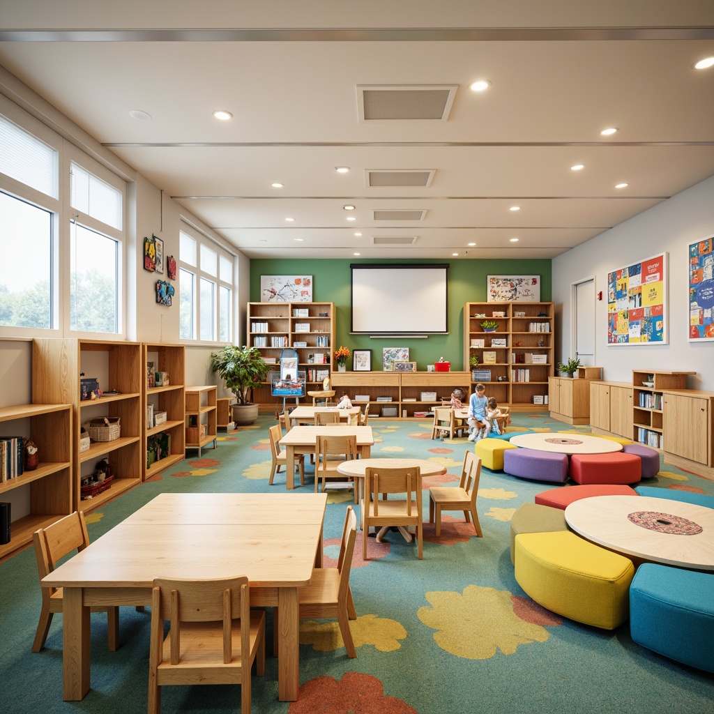 Prompt: Vibrant kindergarten classroom, wooden tables, colorful chairs, soft cushions, playful carpet patterns, whimsical wall art, educational posters, interactive whiteboards, cozy reading nooks, modern minimalist shelving, sturdy bookcases, circular play areas, flexible seating arrangements, natural wood accents, bright overhead lighting, warm pastel colors, shallow depth of field, 1/1 composition, realistic textures, ambient occlusion.