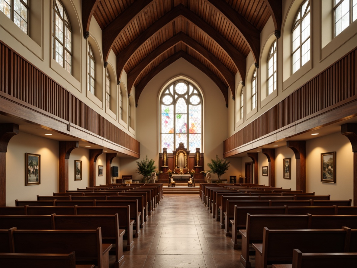 Prompt: Elegant church interior, vaulted ceilings, wooden pews, stained glass windows, ornate altarpieces, subtle color palette, refined acoustic treatment, sound-absorbing panels, diffusers, bass traps, precise speaker placement, clear vocal clarity, warm natural reverberation, ambient lighting, soft shadows, nuanced textures, 3/4 composition, symmetrical framing, realistic rendering, atmospheric effects.