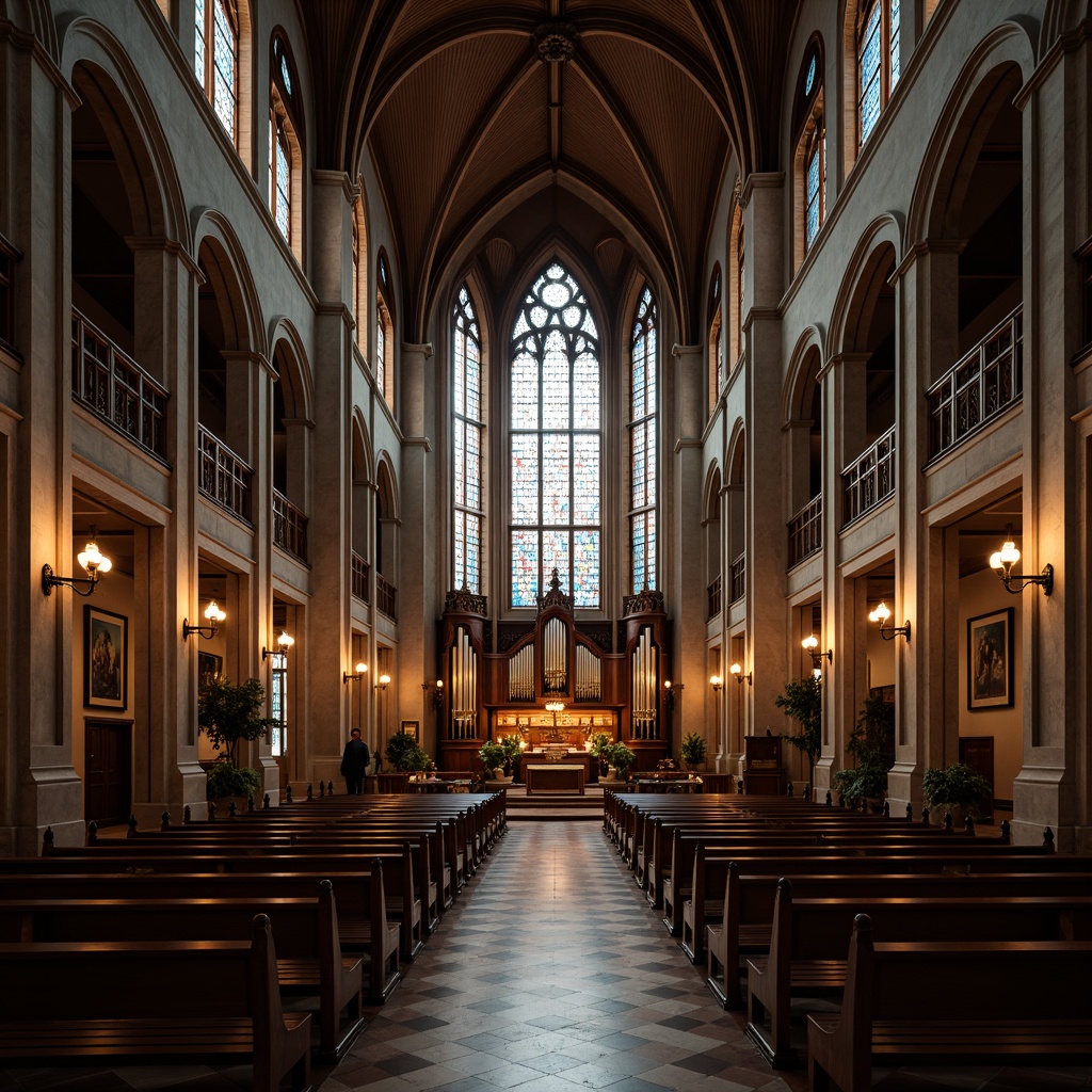 Prompt: Elegant stained glass windows, soft warm lighting, subtle color temperatures, dramatic high ceilings, ornate chandeliers, ambient wall sconces, majestic pipe organs, intricately carved wooden pews, solemn prayer areas, tranquil atmosphere, natural daylight, gentle shadows, subtle luminescence, 1/2 composition, low-key lighting, realistic textures, atmospheric rendering.