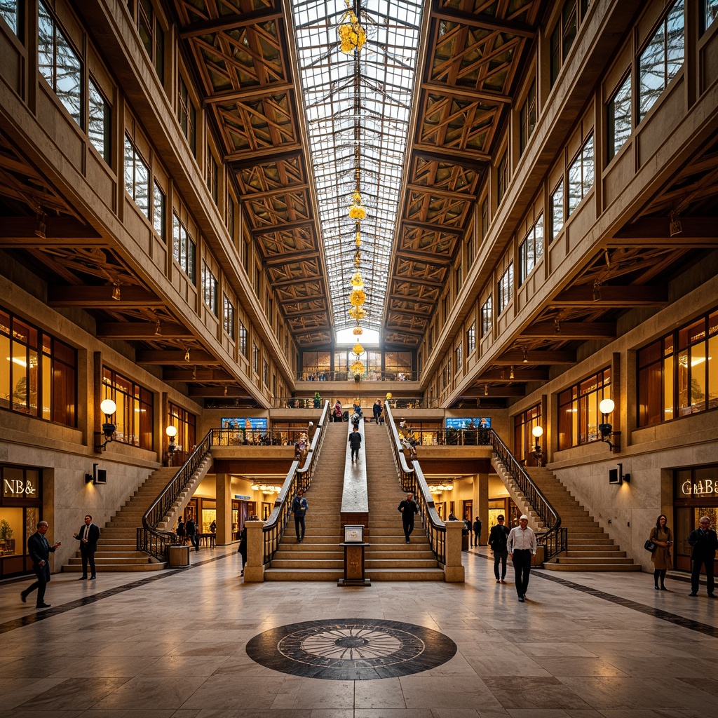 Prompt: Grandiose bus station, ornate metalwork, luxurious chandeliers, geometric patterns, vibrant bronze tones, lavish marble floors, intricate mosaics, sleek chrome accents, dramatic staircases, opulent furnishings, warm golden lighting, soft ambient glow, subtle color temperature changes, 1/1 composition, symmetrical framing, realistic reflections, high-contrast ratio.