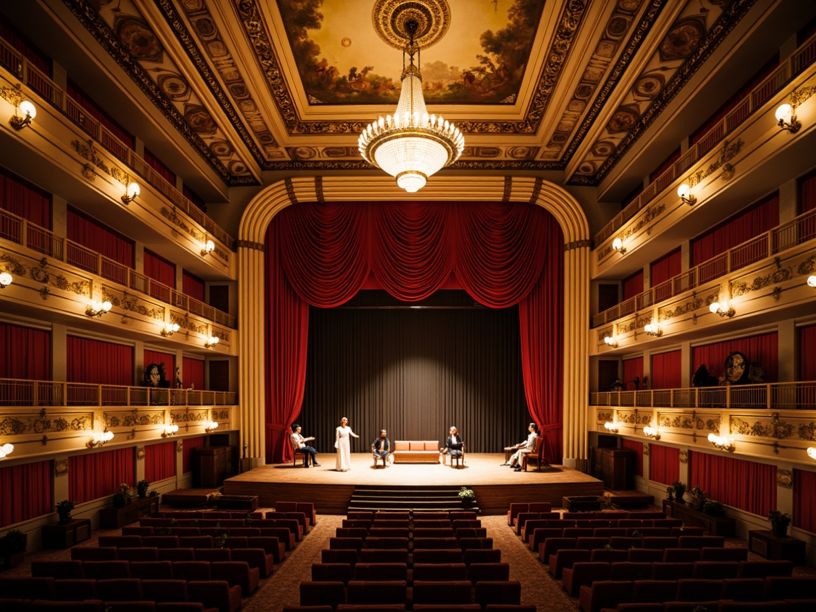 Prompt: Ornate opera house, grand chandelier, velvet curtains, gilded balconies, wooden stage floor, Baroque-style architecture, intricate moldings, ornamental frescoes, majestic high ceilings, crystal sconces, richly upholstered seats, intimate setting, warm golden lighting, shallow depth of field, 2/3 composition, subtle ambiance, soft shadowing, realistic textures, ambient occlusion.