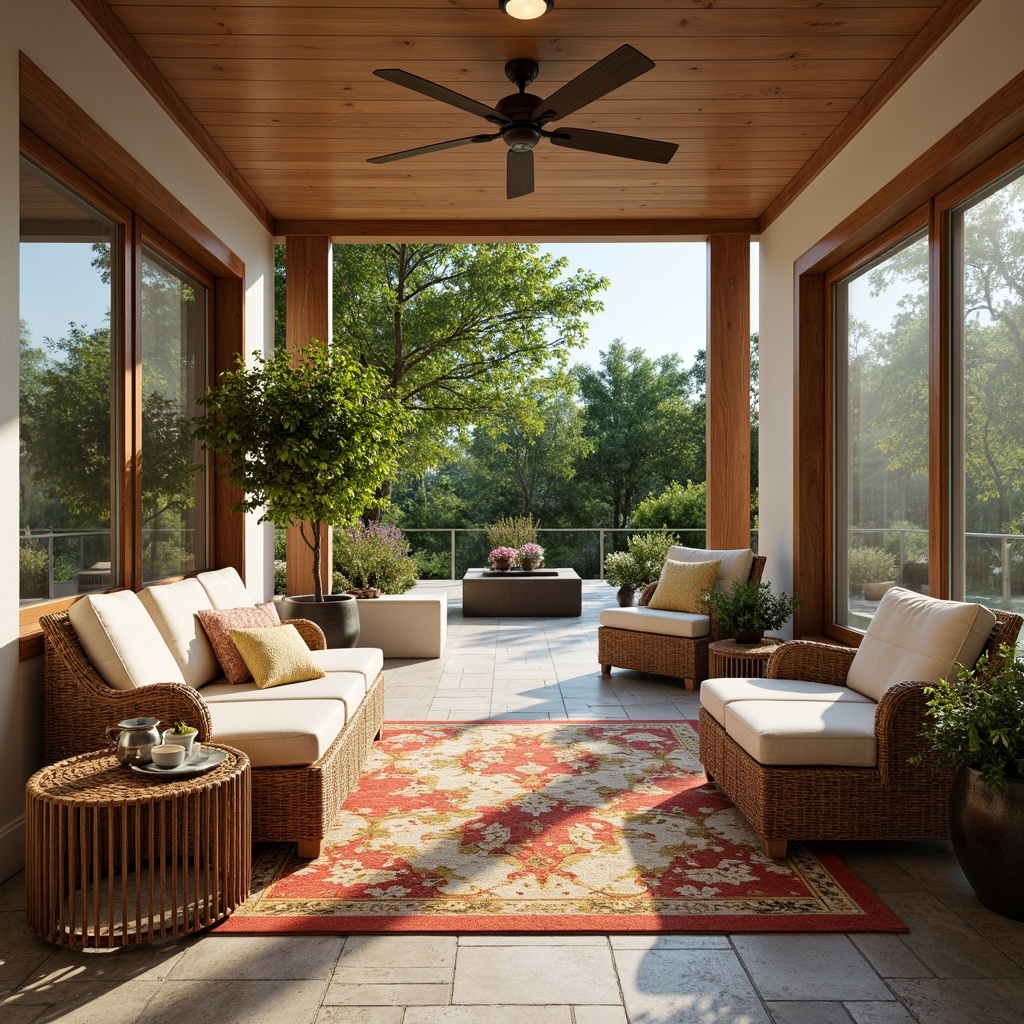 Prompt: Cozy sunroom, natural stone flooring, plush area rugs, comfortable wicker furniture, vibrant floral patterns, soft cushioning, rattan coffee tables, elegant glass vases, lush greenery, sliding glass doors, warm sunny day, gentle breeze, shallow depth of field, 1/1 composition, realistic textures, ambient occlusion.