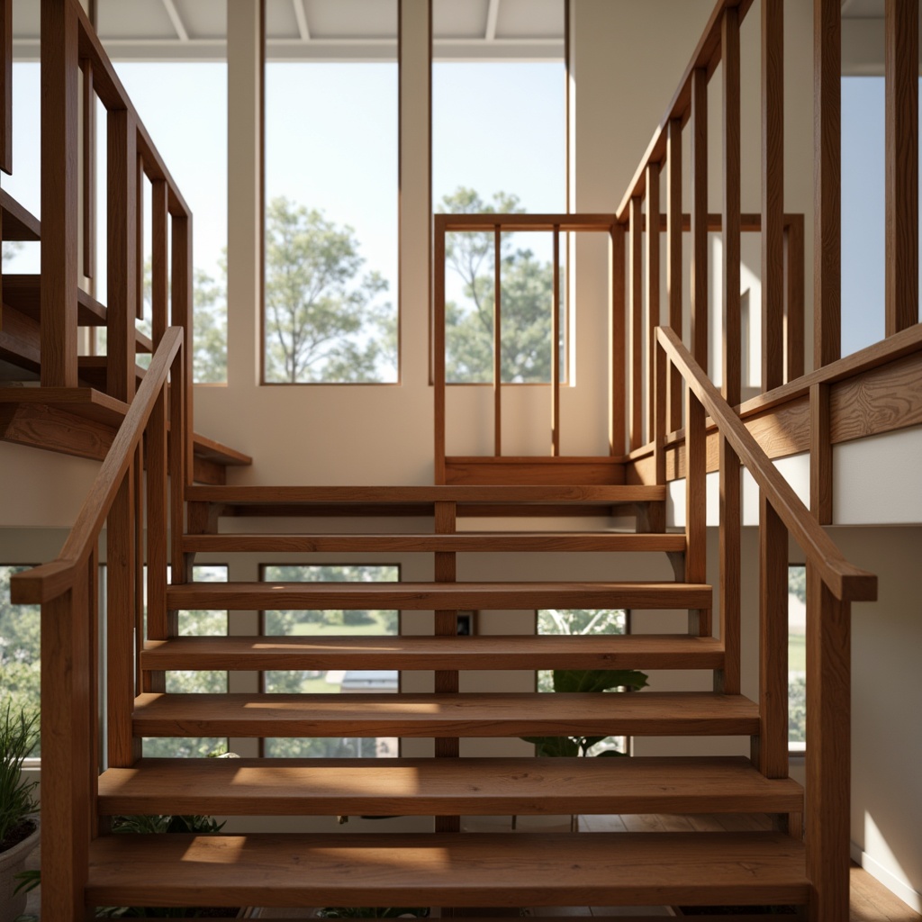 Prompt: Mid-century modern staircase, sleek wooden balusters, minimalist metal handrails, geometric patterns, open risers, floating treads, walnut or oak wood tone, natural light pouring in, bright and airy atmosphere, subtle shadows, soft warm lighting, shallow depth of field, 3/4 composition, realistic textures, ambient occlusion.