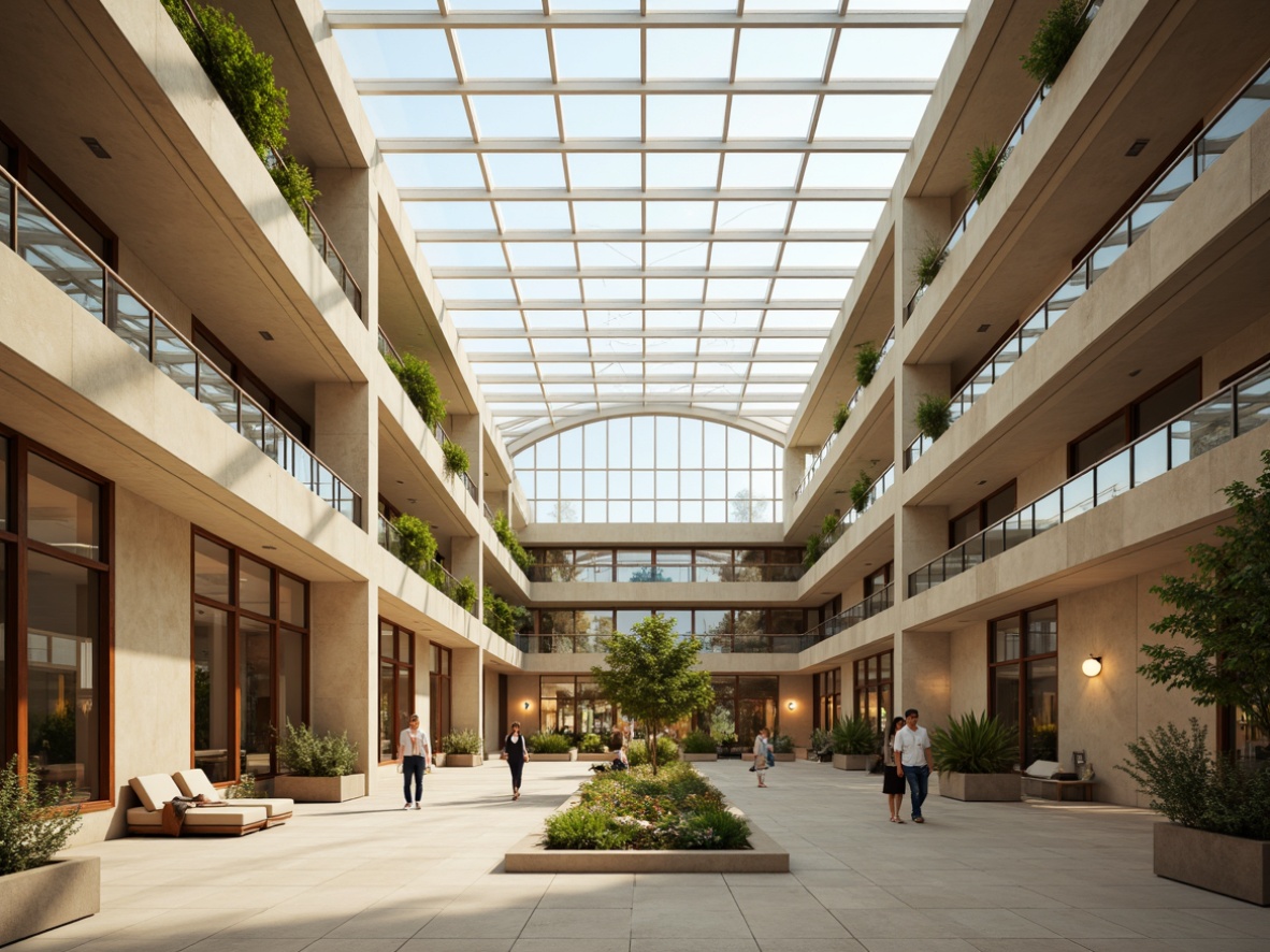 Prompt: Natural light-filled atrium, open-air courtyard, transparent glass roof, clerestory windows, reflective interior surfaces, LED lighting systems, ambient illumination, soft diffused glow, warm beige tones, sleek modern architecture, minimalist interior design, optimized energy efficiency, solar-powered lighting, automated shading systems, daylight harvesting, prismatic skylights, 1/1 composition, shallow depth of field, realistic textures, subtle gradient maps.