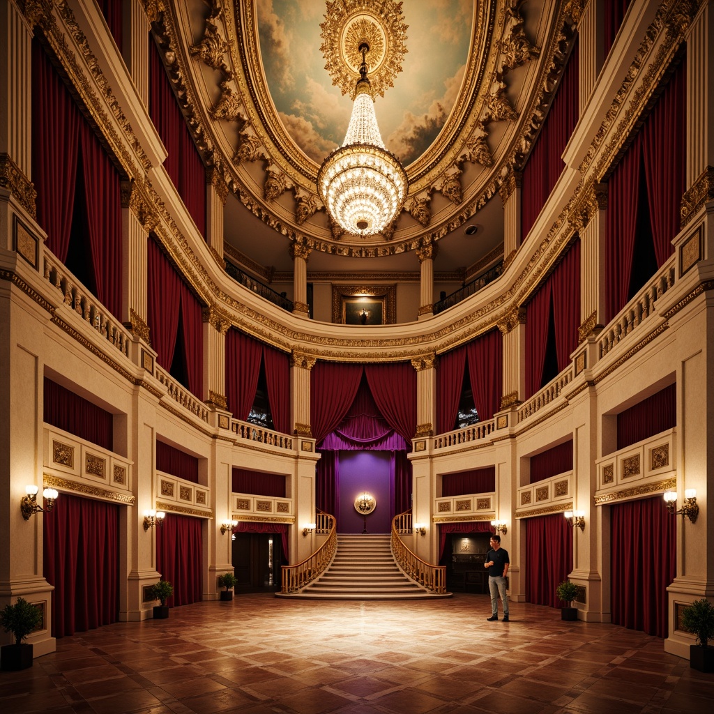 Prompt: Grand opera house, lavish red velvet curtains, gilded ornate details, majestic chandeliers, intricate fresco ceilings, richly polished wooden floors, opulent marble columns, dramatic spotlights, warm golden lighting, 3/4 composition, symmetrical architecture, Baroque-inspired design, regal purple accents, luxurious gold leafing, soft cream-colored walls, lavish drapery, ornate balconies, majestic staircases, grandiose entranceways.