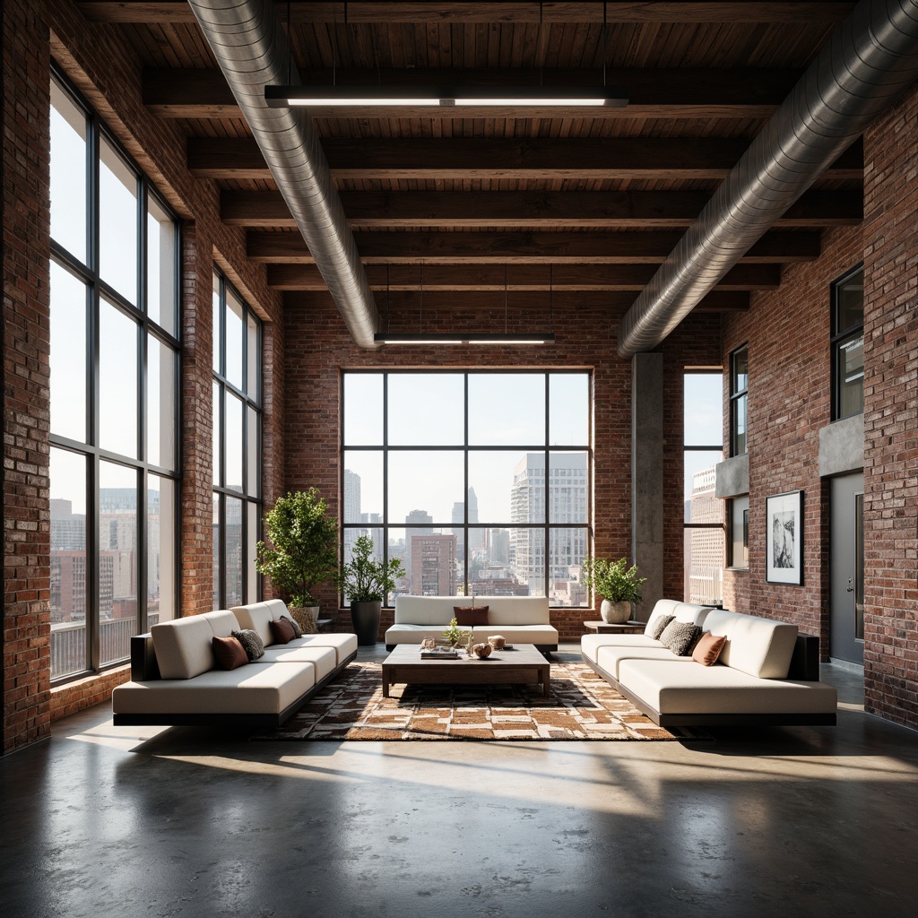 Prompt: Industrial chic loft, exposed brick walls, polished concrete floors, minimalist decor, sparse furnishings, reclaimed wood accents, metal beams, floor-to-ceiling windows, natural light pouring in, urban cityscape views, modern industrial lighting fixtures, sleek low-profile sofas, geometric-patterned rugs, monochromatic color scheme, airy atmosphere, shallow depth of field, 1/1 composition, soft warm lighting, realistic textures, ambient occlusion.