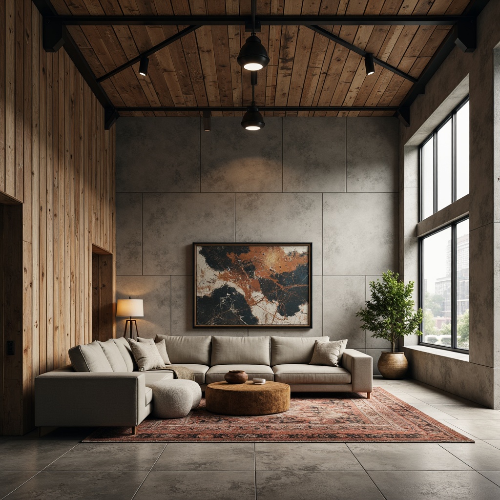 Prompt: Exposed concrete walls, industrial metal beams, reclaimed wood accents, earthy tone color palette, warm beige, cool gray, rich brown, deep taupe, natural stone flooring, plush sectional sofas, vintage rugs, pendant lamps, abstract artwork, urban loft atmosphere, dramatic high ceilings, large windows, soft diffused lighting, cinematic composition, gritty textures, atmospheric fog.