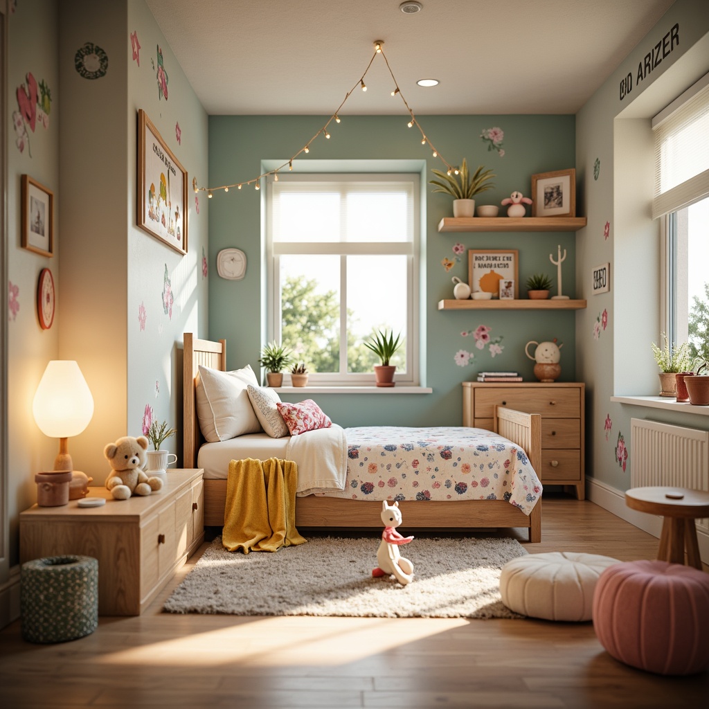 Prompt: Whimsical kids' bedroom, soft pastel colors, gentle glow, table lamps, floor lamps, string lights, warm white lighting, cozy reading nook, plush toys, colorful bedding, educational wall decals, inspirational quotes, built-in shelving, wooden furniture, natural fabrics, delicate flowers, sunny afternoon, shallow depth of field, 1/1 composition, realistic textures, ambient occlusion.