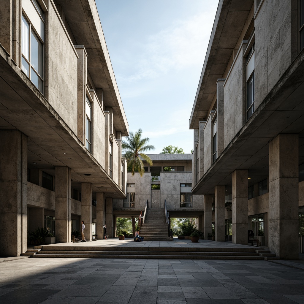 Prompt: Rugged university campus, brutalist architecture, exposed concrete structures, angular lines, fortress-like buildings, raw unfinished surfaces, industrial materials, functional design, open spaces, grand staircases, cantilevered walkways, dramatic natural light, harsh shadows, 3/4 composition, low-angle shot, realistic textures, ambient occlusion.