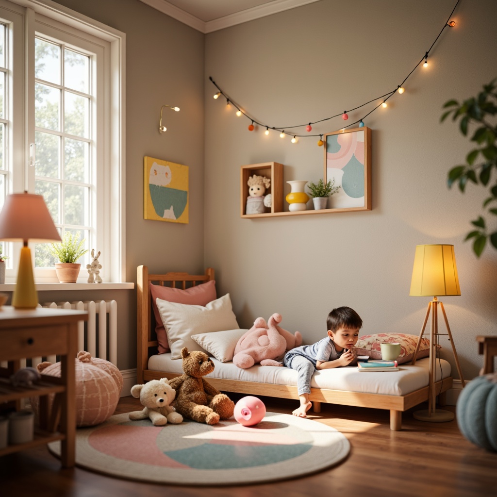 Prompt: Whimsical children's bedroom, soft pastel colors, cozy reading nook, floor lamps, table lamps, string lights, colorful lampshades, wooden furniture, plush toys, kid-friendly decor, gentle warm lighting, shallow depth of field, 1/1 composition, intimate atmosphere, subtle texture details, ambient occlusion.