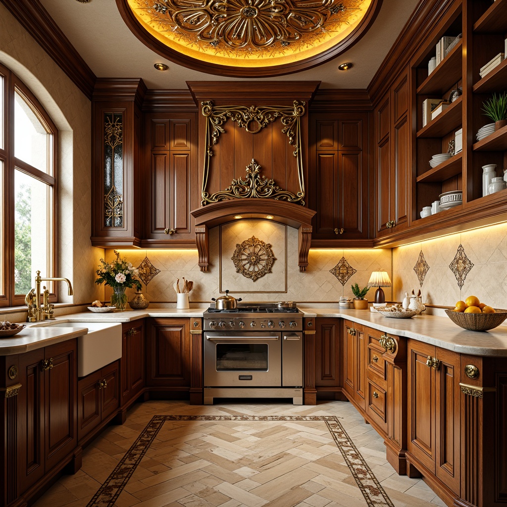 Prompt: Intricate Art Nouveau kitchen, ornate cabinetry, sinuous metalwork, flowing organic patterns, warm golden lighting, elegant ceramic tiles, decorative mosaic backsplashes, rich wood grain flooring, high-gloss finish, herringbone pattern, soft warm beige tones, natural stone inlays, subtle sheen, 1/1 composition, shallow depth of field, softbox lighting.