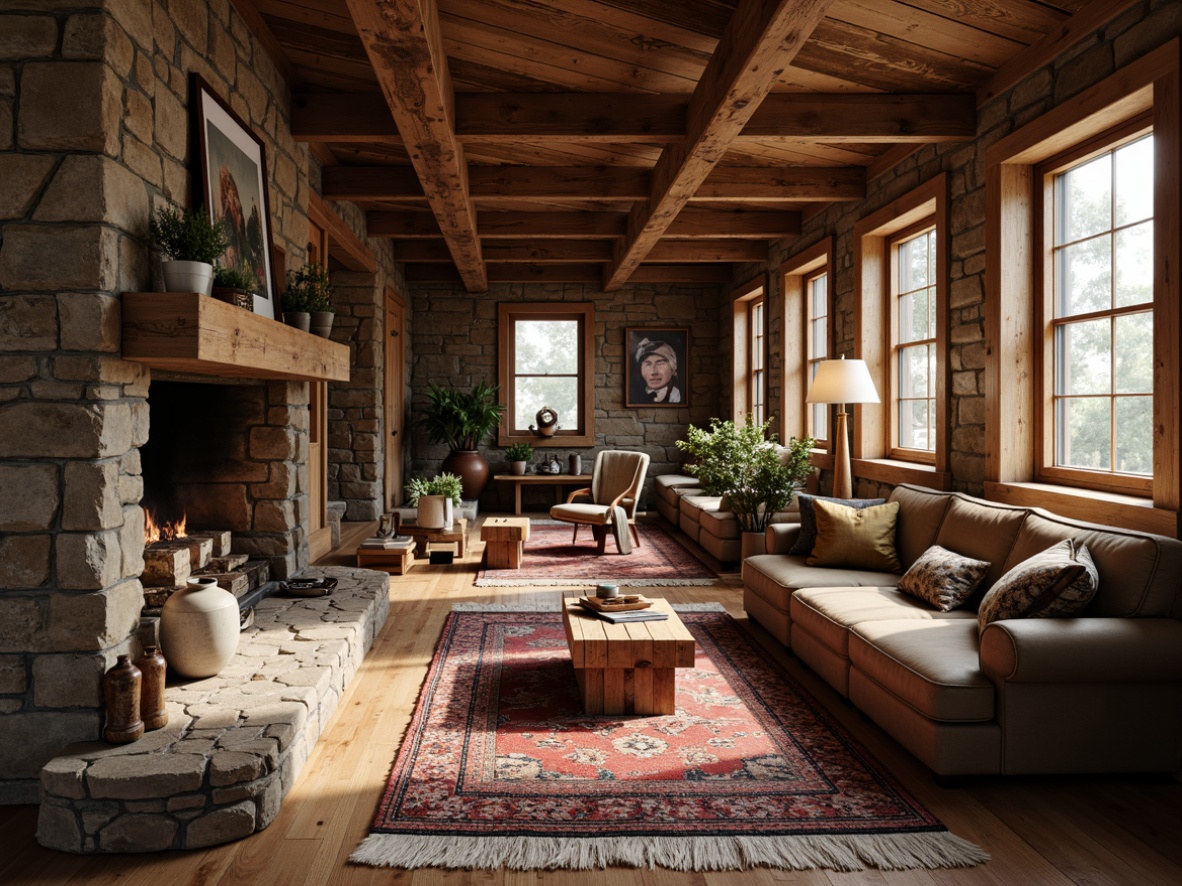 Prompt: Rustic cabin, natural stone walls, wooden beams, earthy color palette, distressed wood finishes, exposed brick, vintage decorative items, cozy fireplace, plush area rugs, warm ambient lighting, soft shadows, shallow depth of field, 3/4 composition, realistic textures, ambient occlusion.