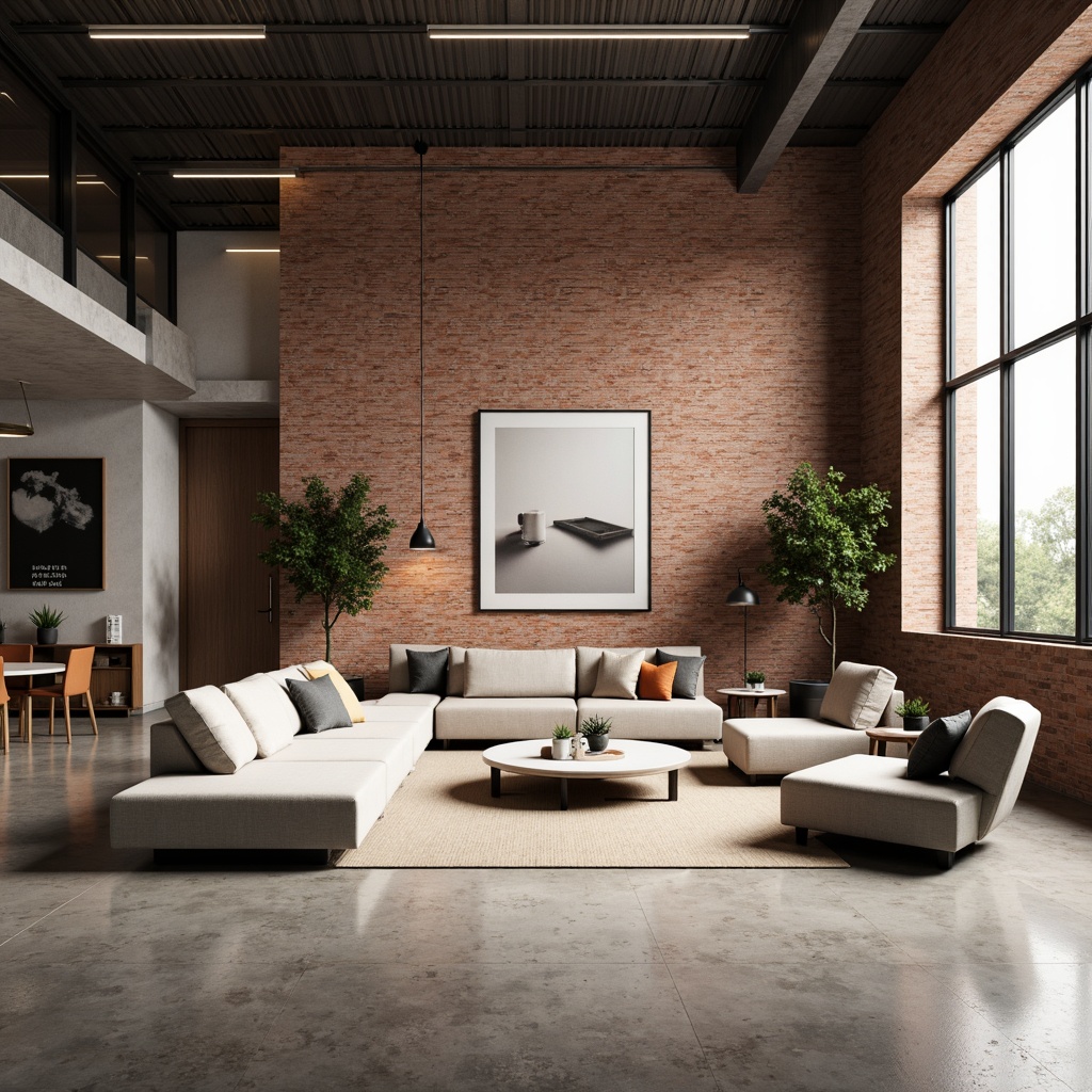 Prompt: Exposed brick walls, polished concrete floors, minimalist decor, modern industrial chic, sleek metal beams, open-plan living space, abundant natural light, floor-to-ceiling windows, soft warm glow, pendant lamps, recessed lighting, indirect illumination, subtle color palette, monochromatic tones, warm beige accents, clean lines, functional simplicity, airy atmosphere, urban loft feel, dramatic shadows, 1/1 composition, shallow depth of field, realistic textures.