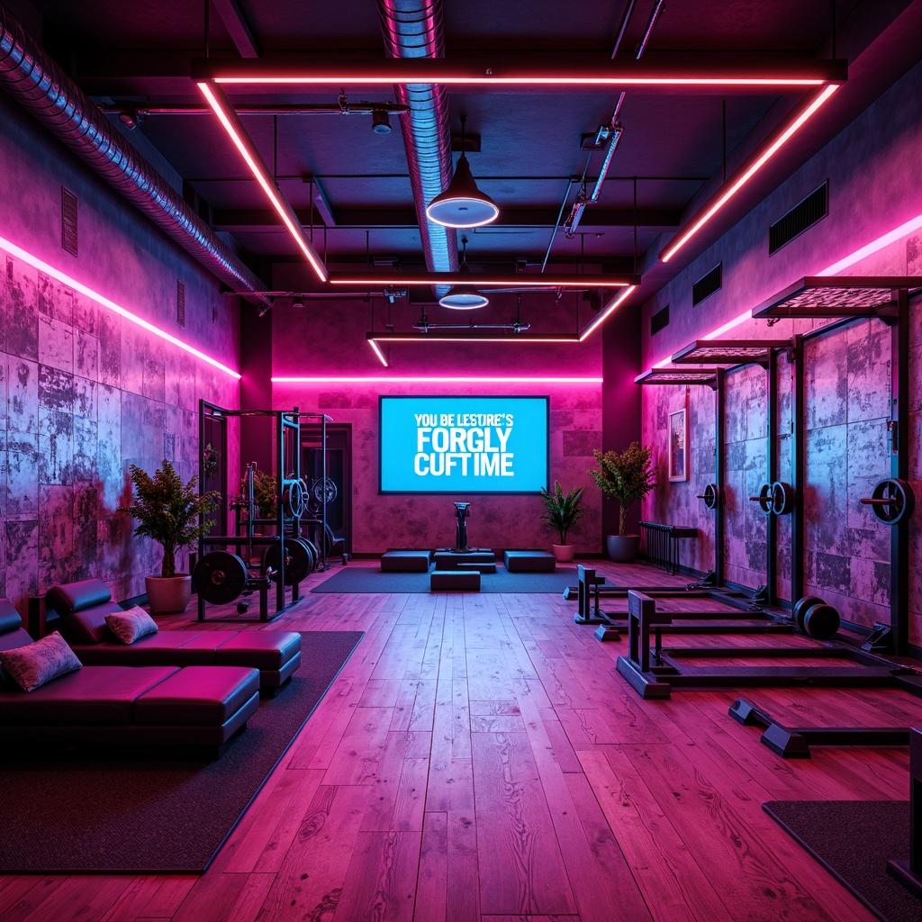 Prompt: Vibrant home gym, bold color palette, energetic atmosphere, dynamic workout space, neon accents, motivational quotes, sleek metal equipment, modern flooring, industrial-style lighting, urban loft aesthetic, distressed wood accents, bold geometric patterns, high-contrast colors, intense spotlights, futuristic ambiance, cutting-edge technology integration.