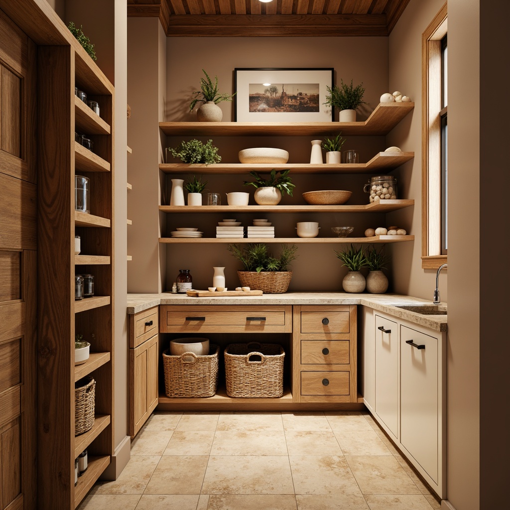 Prompt: Cozy pantry, warm wooden shelves, rustic metal baskets, earthy tone walls, soft cream cabinets, natural stone countertops, woven rattan storage bins, vintage-inspired decor, subtle lighting, warm beige flooring, calming atmosphere, 1/2 composition, shallow depth of field, realistic textures.