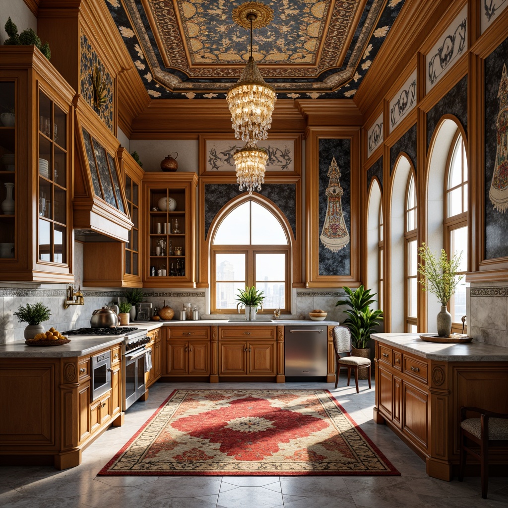 Prompt: Elegant kitchen, ornate cabinetry, luxurious marble countertops, intricate inlay patterns, golden hardware, crystal chandeliers, soft warm lighting, ambient shadows, 1/1 composition, shallow depth of field, realistic textures, ornamental tiles, Arabic-inspired arches, vibrant colorful rugs, plush furniture, decorative ceiling treatments, sophisticated color schemes.