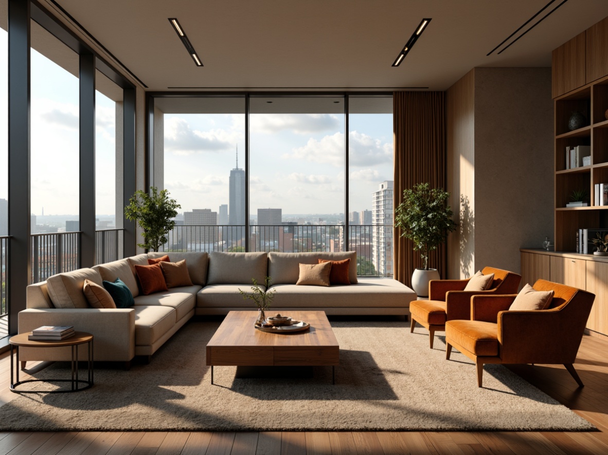 Prompt: Cozy living room, plush sofas, velvet armchairs, wooden coffee tables, minimalist decor, natural fiber rugs, soft warm lighting, floor-to-ceiling windows, cityscape views, modern architecture, sleek lines, comfortable seating arrangements, vibrant colorful throw pillows, luxurious fabrics, ergonomic designs, adjustable headrests, built-in shelving units, rich wood tones, metallic accents, ambient occlusion, realistic textures.