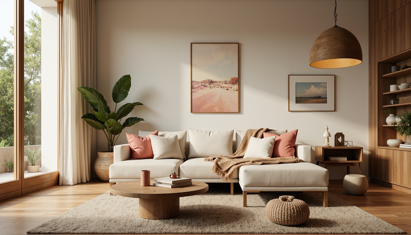 Prompt: Warm beige tones, soft peach hues, calming mint greens, creamy whites, rich wood accents, natural stone textures, cozy throw blankets, plush furniture, vintage decorative items, rustic metal fixtures, dimmable warm lighting, shallow depth of field, 2/3 composition, intimate atmosphere, inviting ambiance, relaxed mood.