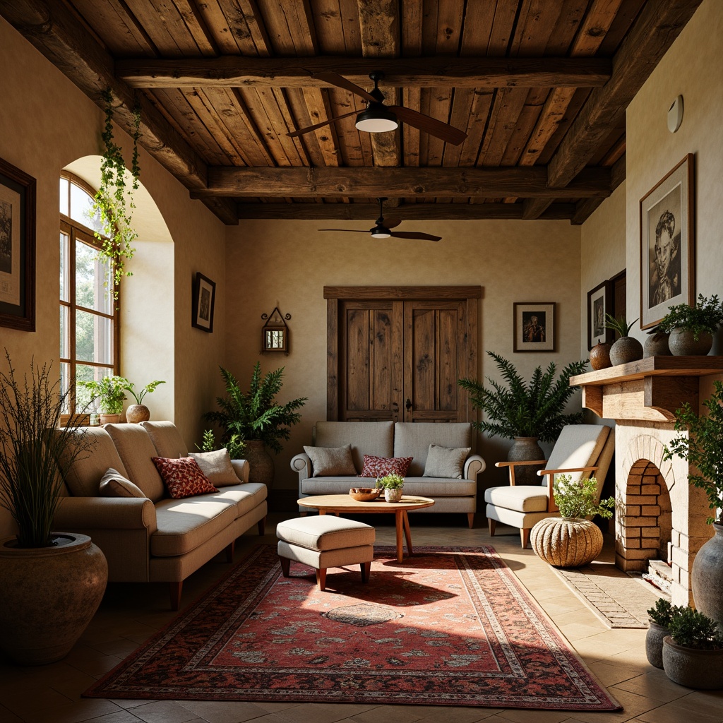 Prompt: Earthy tones, natural materials, wooden accents, rich textures, warm beige walls, distressed wood furniture, vintage metalware, earthy red bricks, mossy greenery, rusty metal decorations, warm golden lighting, soft ambient glow, cozy atmosphere, inviting warmth, traditional craftsmanship, ornate details, classic architectural elements, heritage-inspired color scheme.