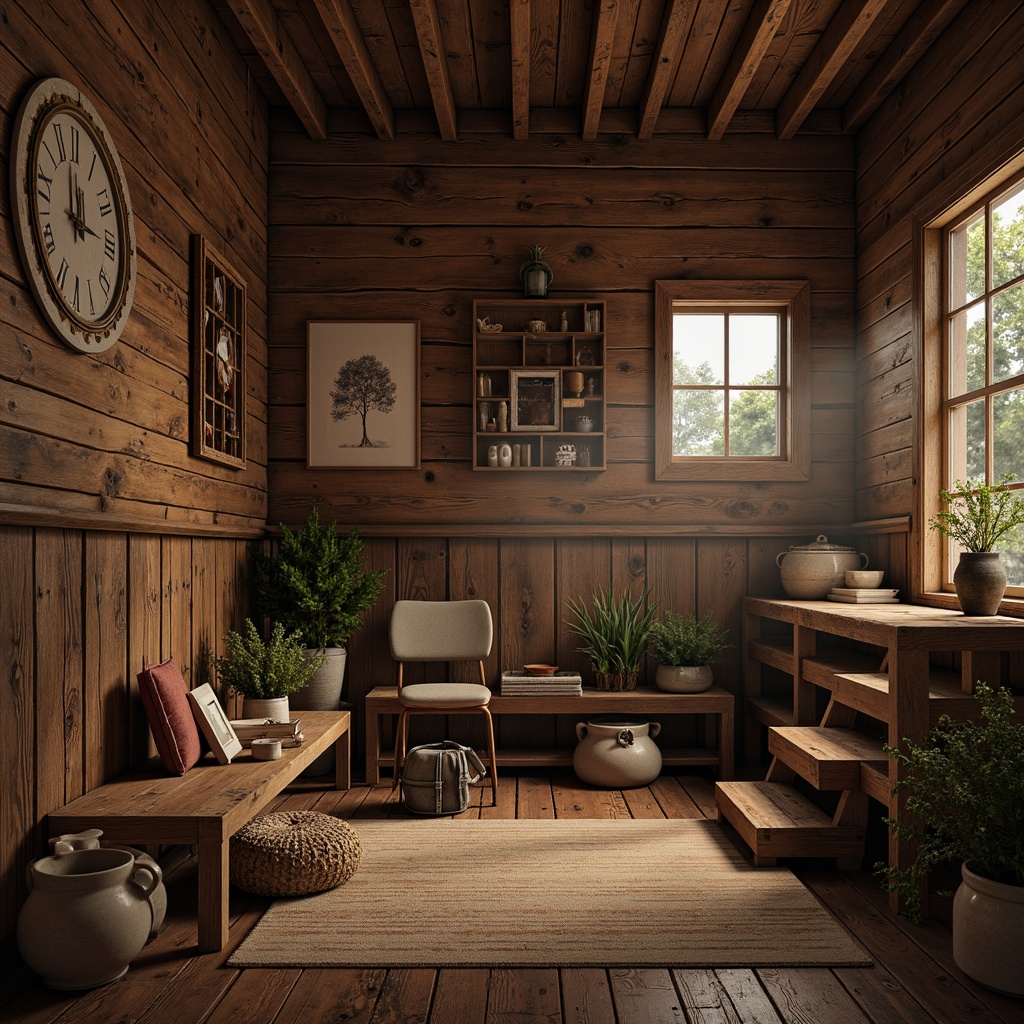 Prompt: Rustic wooden walls, distressed textures, earthy tones, natural stone accents, reclaimed wood planks, vintage metal decorations, exposed brick surfaces, rough-hewn wooden beams, warm candlelight, soft shadows, 1/1 composition, shallow depth of field, realistic renderings.