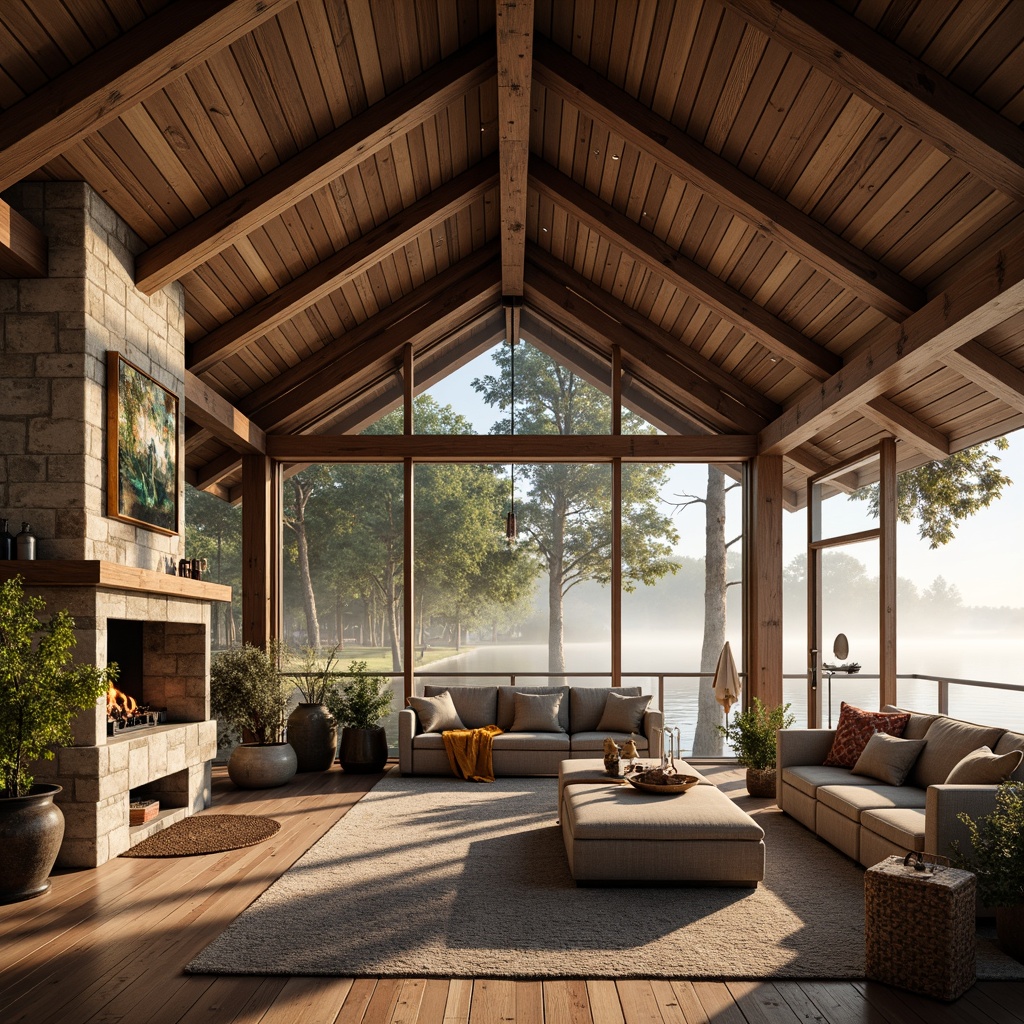 Prompt: Rustic boathouse, open floor plan, wooden beams, vaulted ceiling, stone fireplace, nautical decorations, vintage fishing nets, distressed wood accents, earthy color palette, natural textiles, cozy reading nooks, waterfront views, misty morning light, warm golden lighting, shallow depth of field, 1/2 composition, panoramic view, realistic water reflections, ambient occlusion.