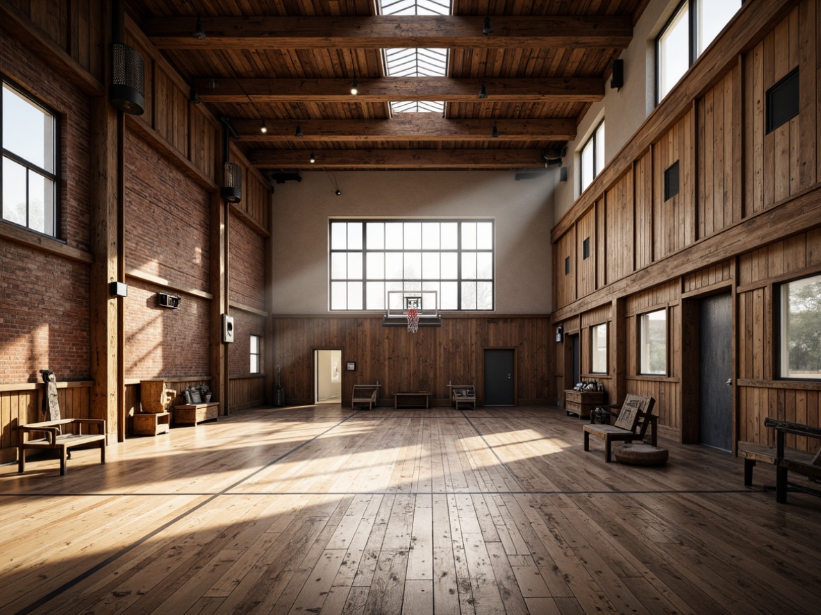 Prompt: Rustic gymnasium interior, distressed wood flooring, worn wooden planks, reclaimed barnwood accents, vintage sports equipment, industrial metal beams, exposed brick walls, earthy tone color palette, natural light pouring in through clerestory windows, warm soft lighting, shallow depth of field, 1/1 composition, realistic textures, ambient occlusion.