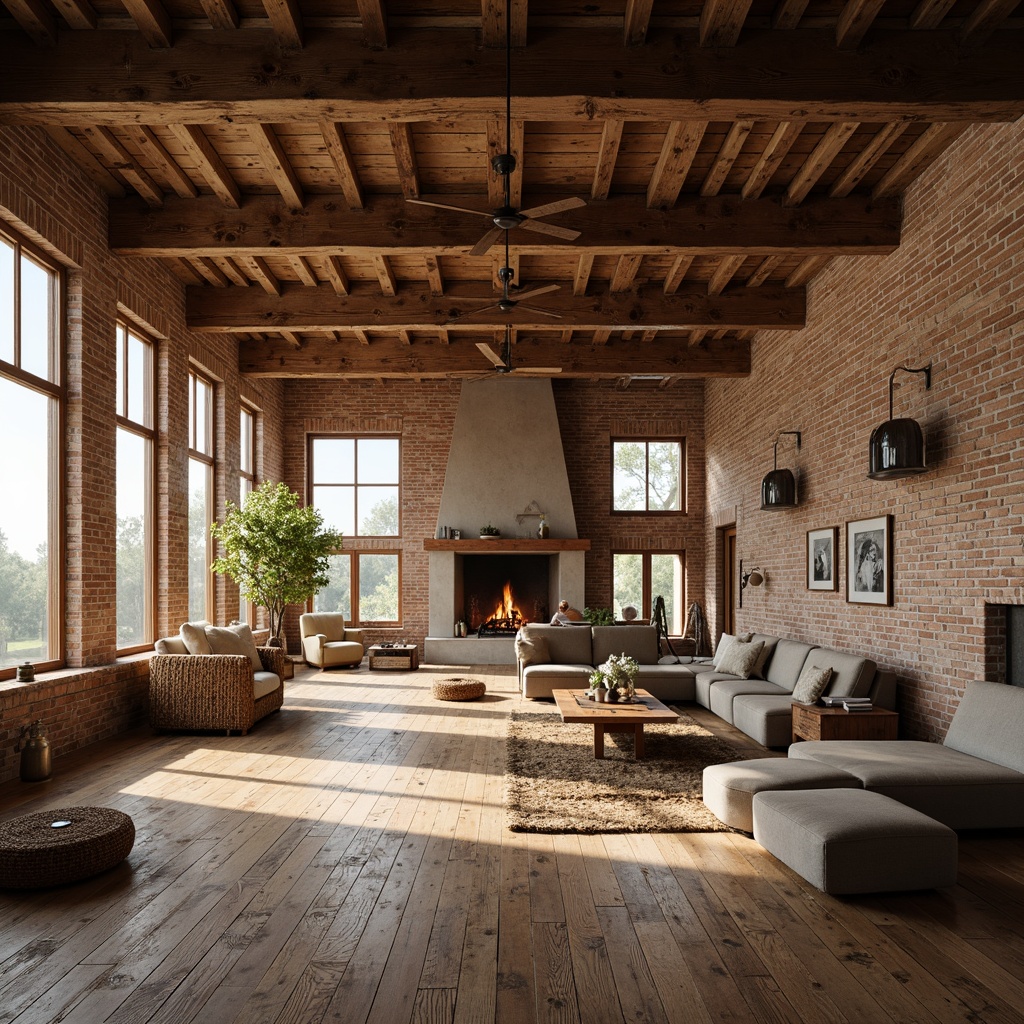 Prompt: Rustic farmhouse, open floor plan, wooden beams, exposed brick walls, large windows, natural light, earthy tones, cozy atmosphere, vintage furniture, woven textiles, natural stone fireplaces, reclaimed wood accents, country-style kitchen, farmhouse sink, pendant lighting, soft warm glow, shallow depth of field, 2/3 composition, realistic textures, ambient occlusion.