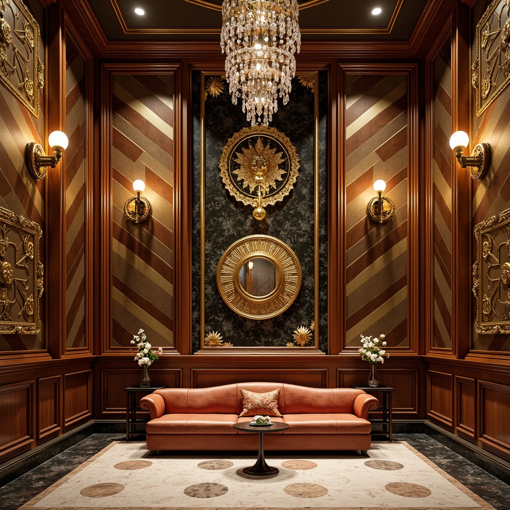 Prompt: Luxurious wall finishes, metallic accents, geometric patterns, ornate details, opulent materials, lavish textures, golden leafing, glossy lacquer, rich wood paneling, intricate moldings, marble inlays, bold color schemes, stepped silhouettes, zigzag motifs, chevron designs, sunburst patterns, circular shapes, glamorous ambiance, dramatic lighting, high-gloss finishes, ornate mirrors, crystal chandeliers.