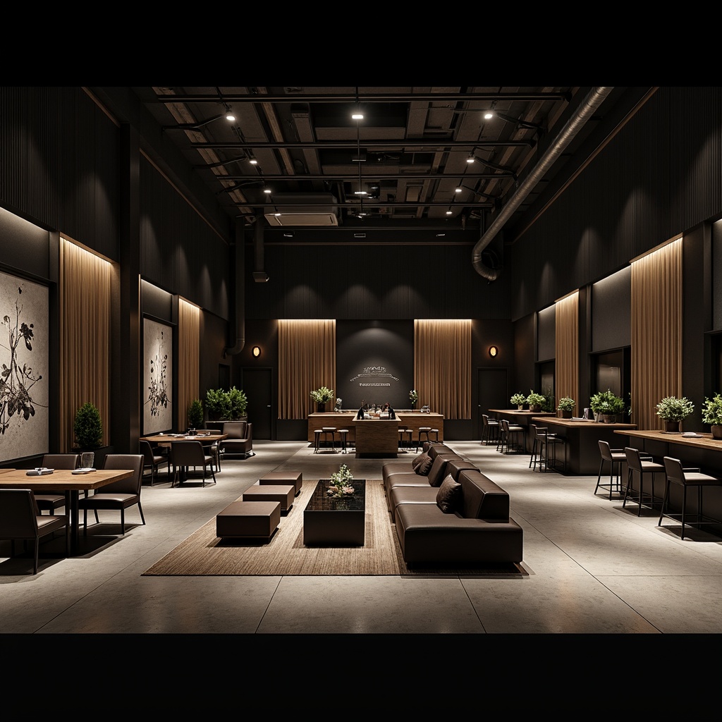 Prompt: Minimalist nightclubs, dark tones, sleek lines, polished concrete floors, industrial metal beams, exposed ductwork, dimmable LED lighting, atmospheric fog machines, DJ booths, soundproofing panels, acoustic diffusers, bass-enhanced subwoofers, crystal-clear speakers, tactile fabric upholstery, low-profile seating, metallic accents, geometric patterns, moody color schemes, warm ambient glow, shallow depth of field, 1/1 composition, cinematic lighting, realistic textures.