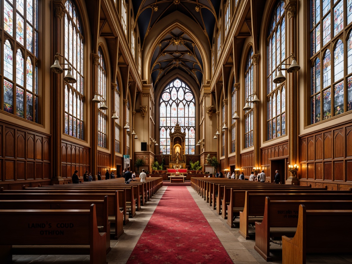 Prompt: Opulent cathedral interior, stained glass windows, ornate altarpieces, intricately carved wooden pews, luxurious velvet upholstery, metallic accents, geometric patterns, symmetrical composition, warm golden lighting, soft focus, shallow depth of field, 1/1 aspect ratio, highly detailed textures, ambient occlusion.