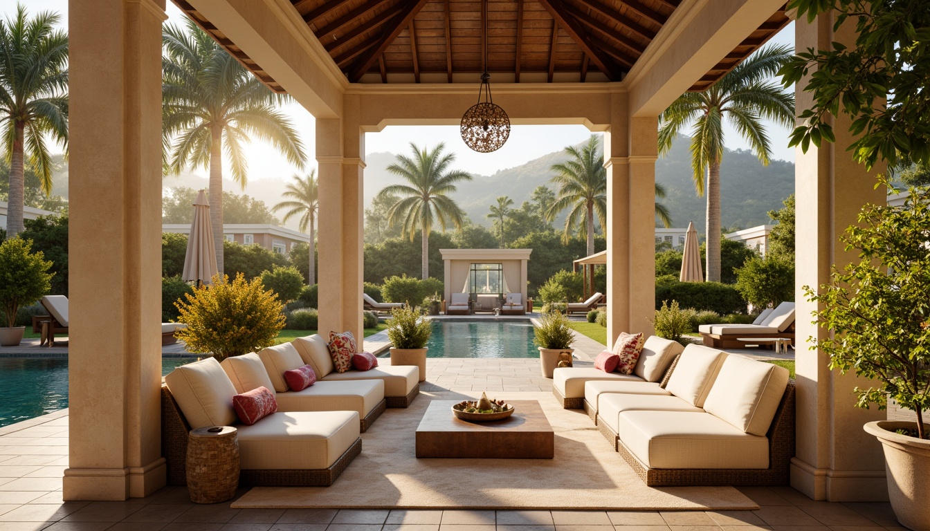 Prompt: Warm beige pavilion, soft cream accents, rich wood tones, natural stone columns, elegant arches, tranquil water features, lush greenery, vibrant floral arrangements, comfortable outdoor seating, plush throw pillows, warm golden lighting, shallow depth of field, 1/1 composition, realistic textures, ambient occlusion.