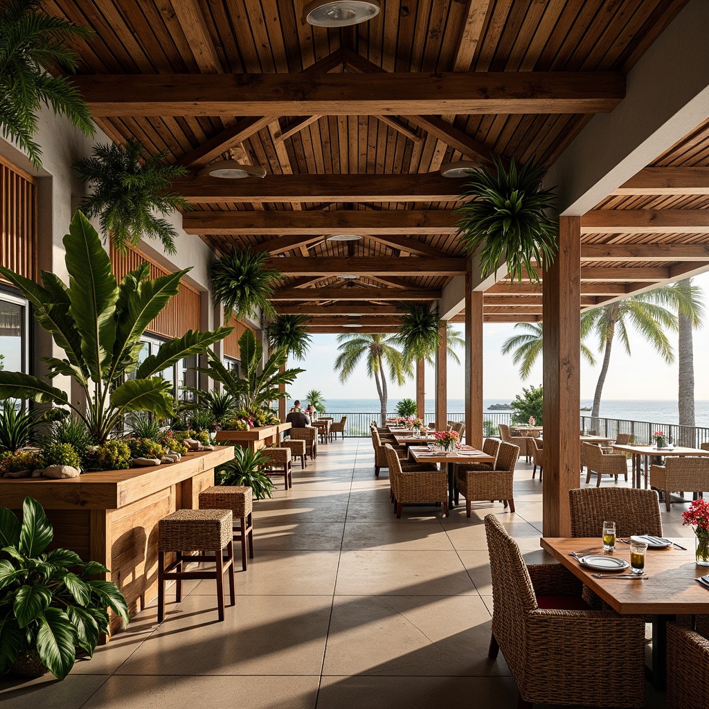 Prompt: Tropical dining hall, wooden furniture, rattan chairs, woven seats, natural fibers, vibrant greenery, lush plants, colorful flowers, exotic patterns, warm lighting, soft shadows, 1/2 composition, shallow depth of field, atmospheric perspective, realistic textures, ambient occlusion, elegant tables, decorative vases, stylish centerpieces, luxurious fabrics, refreshing colors, airy atmosphere, large windows, sliding glass doors, outdoor connections, beachside views, palm trees, sunny day.