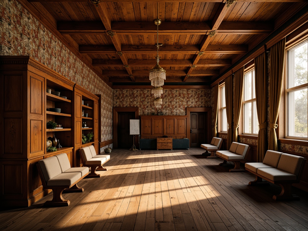 Prompt: Richly patterned wallpaper, ornate molding, distressed wood paneling, vintage athletic equipment, antique wooden lockers, ornamental metalwork, luxurious velvet drapes, grand chandeliers, warm golden lighting, shallow depth of field, 1/1 composition, dramatic shadows, realistic textures, ambient occlusion.