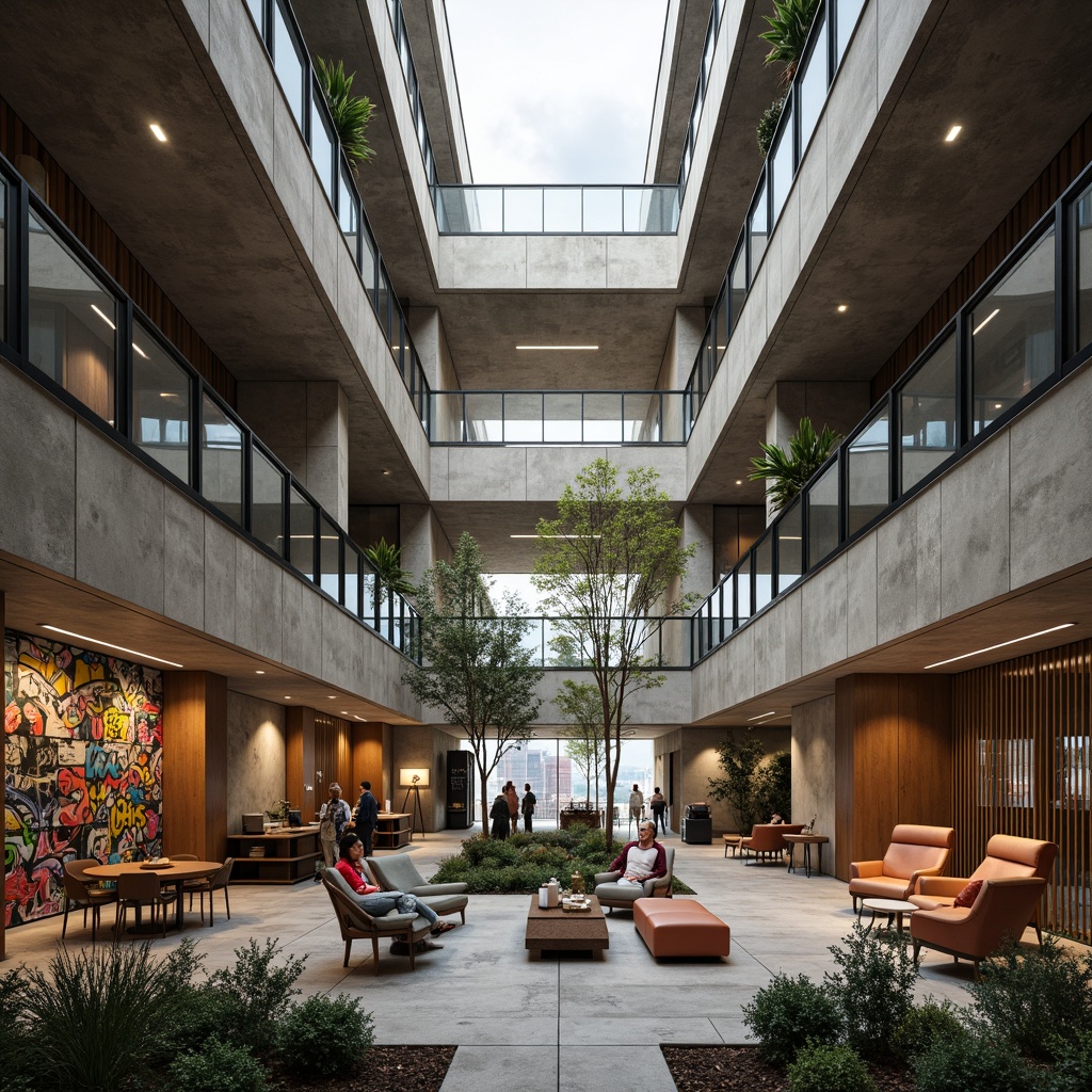 Prompt: Rugged youth center, brutalist architecture, raw concrete walls, industrial steel beams, open atriums, minimalist decor, reclaimed wood accents, urban graffiti, vibrant street art, eclectic furniture, communal lounges, flexible seating areas, natural light pouring in, dramatic shadows, gritty textures, abstract sculptures, edgy landscaping, modern cityscape views, softbox lighting, shallow depth of field, 2/3 composition, cinematic angles, realistic rendering.