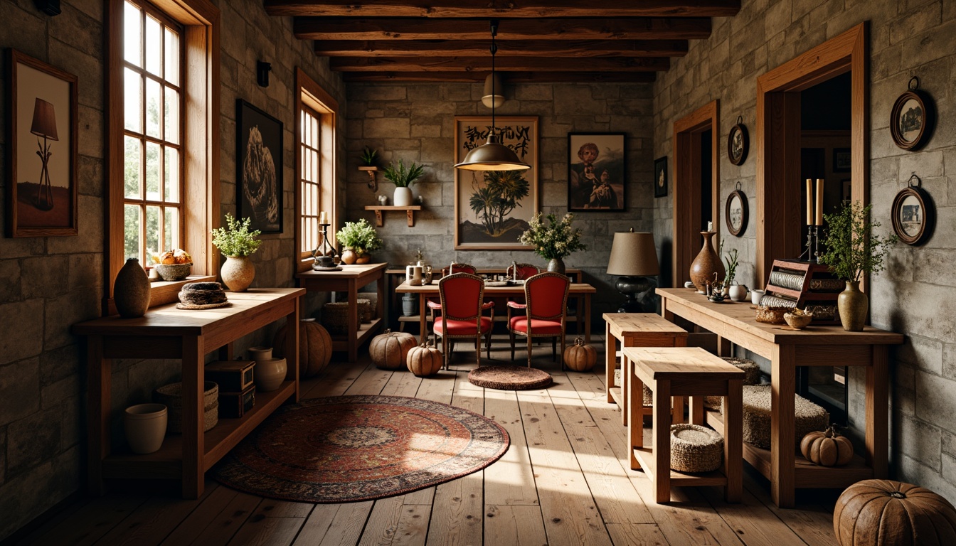 Prompt: Rustic craft room, warm wooden textures, vintage furniture pieces, distressed finishes, earthy color palette, natural stone accents, ornate metalwork, classic architectural details, rich velvet fabrics, soft candlelight, subtle shadows, shallow depth of field, 1/2 composition, realistic wood grain, ambient occlusion.