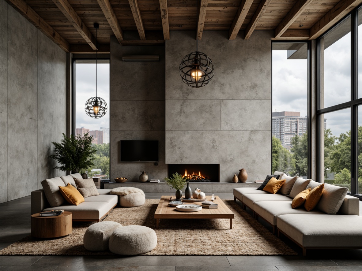 Prompt: Rugged brutalist family room, exposed concrete walls, raw steel beams, industrial-style lighting fixtures, unique pendant lamps, geometric metal shades, warm ambient glow, cozy seating areas, plush sectional sofas, textured woven rugs, natural stone flooring, reclaimed wood accents, minimalist decor, dramatic ceiling heights, large windows, urban city views, overcast daylight, softbox lighting, 1/1 composition, atmospheric rendering.