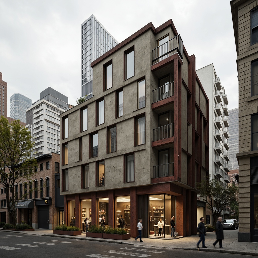 Prompt: Rugged brutalist architecture, raw concrete textures, industrial metal accents, exposed ductwork, urban cityscape, overcast sky, muted earthy tones, warm beige, cool grey, bold red accents, weathered steel beams, functional minimalism, dramatic lighting, high contrast shadows, cinematic composition, realistic renderings.