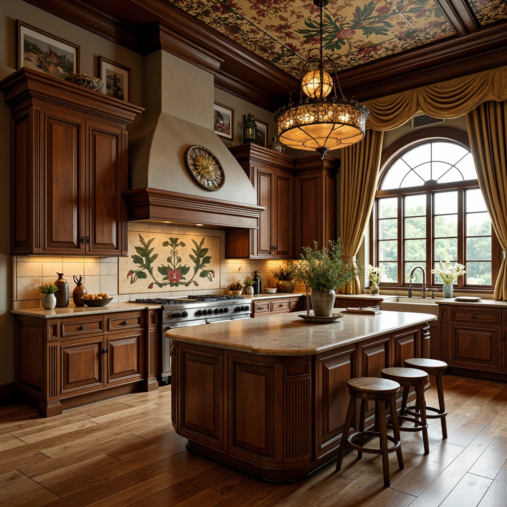 Prompt: Elegant kitchen island, curved wooden cabinetry, ornate metal fixtures, flowing organic lines, soft warm lighting, pendant lamps, floral patterns, stained glass shades, earthy tone colors, natural stone countertops, luxurious velvet drapes, rich wood flooring, antique bronze hardware, whimsical botanical illustrations, dramatic archways, ornate ceiling moldings, romantic ambiance, shallow depth of field, 1/1 composition, realistic textures.