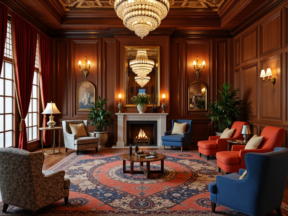 Prompt: Luxurious great room, rich wood paneling, ornate chandeliers, velvet drapes, metallic accents, geometric patterns, bold color schemes, opulent furnishings, lavish textiles, intricate embroidery, beaded fringe, tufted upholstery, crystal glassware, antique vases, Art Deco motifs, ornate mirrors, sophisticated lighting, warm ambiance, shallow depth of field, 1/2 composition, softbox lighting.