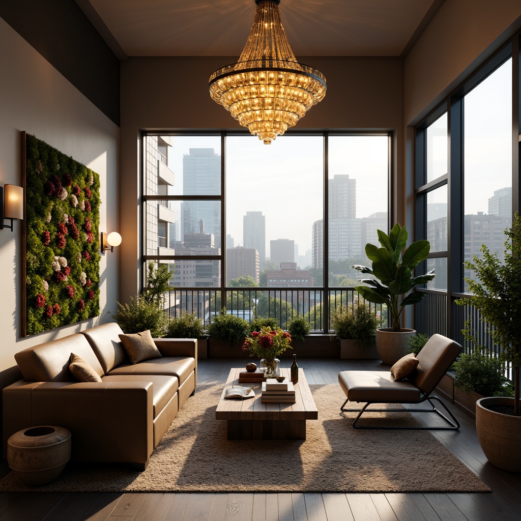 Prompt: Modern living room, luxurious chandelier, warm soft lighting, LED floor lamps, cozy reading nook, minimalist coffee table, sleek leather sofa, vibrant green plants, natural wood flooring, large windows, urban cityscape view, late afternoon sunlight, subtle shadows, 1/2 composition, shallow depth of field, realistic textures.