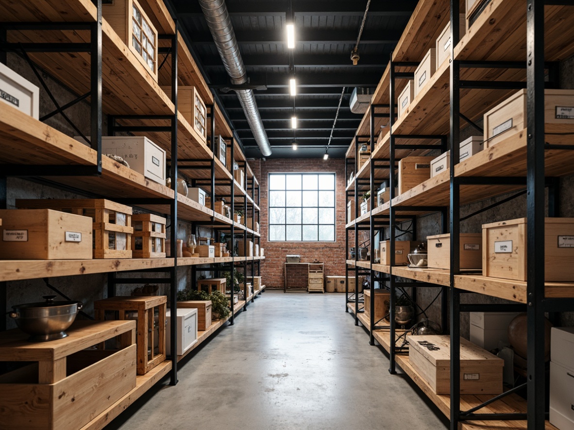 Prompt: Industrial chic storage room, reclaimed wood shelving units, metal frame structures, exposed brick walls, urban loft ambiance, modern minimalist decor, sleek LED lighting, polished concrete floors, industrial-style pipes, functional storage bins, rustic wooden crates, decorative metal latticework, distressed finishes, neutral color palette, shallow depth of field, 1/2 composition, softbox lighting, realistic textures.