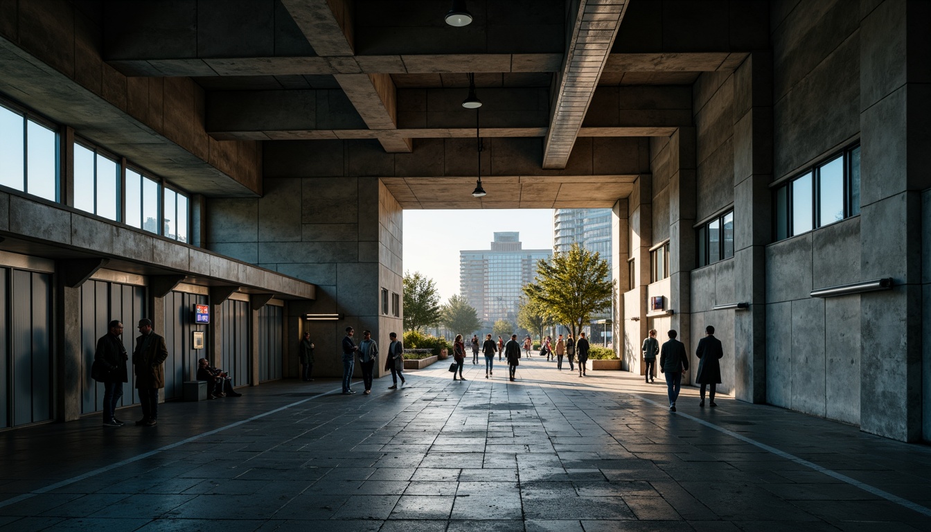 Prompt: Underground metro station, brutalist architecture, raw concrete walls, exposed ductwork, industrial lighting, steel beams, rugged stone floors, urban cityscape, morning rush hour, soft warm glow, high contrast lighting, dramatic shadows, cinematic composition, 1/1 aspect ratio, realistic textures, ambient occlusion, muted color palette, dark grey tones, cold blue accents, warm beige highlights.