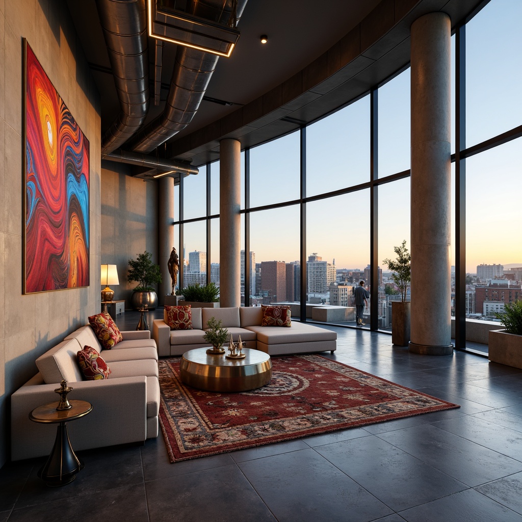 Prompt: Luxurious penthouse interior, open space concept, sleek modern lines, minimalist decor, floor-to-ceiling windows, panoramic city views, urban skyline, vibrant abstract artwork, eclectic furniture pieces, plush area rugs, metallic accents, ambient soft lighting, warm neutral color palette, industrial chic textures, polished concrete floors, exposed ductwork, oversized sectional sofas, geometric patterned throw pillows, avant-garde sculptures, trendy pendant light fixtures, spacious walk-in closets, lavish master bathrooms, freestanding tubs, rainfall showerheads, panoramic rooftop views, breathtaking sunset vistas.