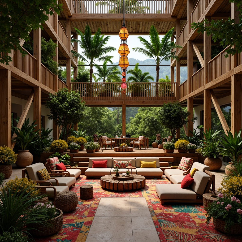 Prompt: Vibrant tropical music venue, lush greenery, exotic flowers, wooden stage, colorful lanterns, rattan furniture, comfortable cushions, vibrant textiles, woven baskets, natural wood accents, bamboo decorations, earthy tone walls, high ceilings, open spaces, relaxed atmosphere, warm lighting, shallow depth of field, 1/1 composition, realistic textures, ambient occlusion.