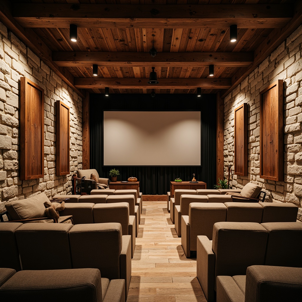 Prompt: Rustic farmhouse theater, reclaimed wood accents, vintage metal fixtures, earthy color palette, natural textiles, wooden beam ceilings, stone walls, cozy intimate atmosphere, warm soft lighting, subtle shadows, minimal ornamentation, acoustic panels, sound-absorbing materials, optimal speaker placement, precise sound calibration, immersive audio experience, 3/4 composition, cinematic perspective, realistic textures, ambient occlusion.